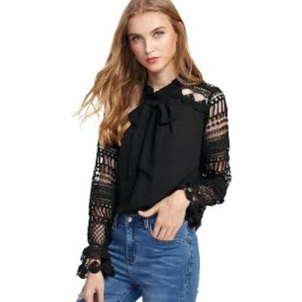 ASO OK! Buzzfeed Black Long-Sleeve Crochet Lace Blouse Neck‎ Tie Keyhole Sz M